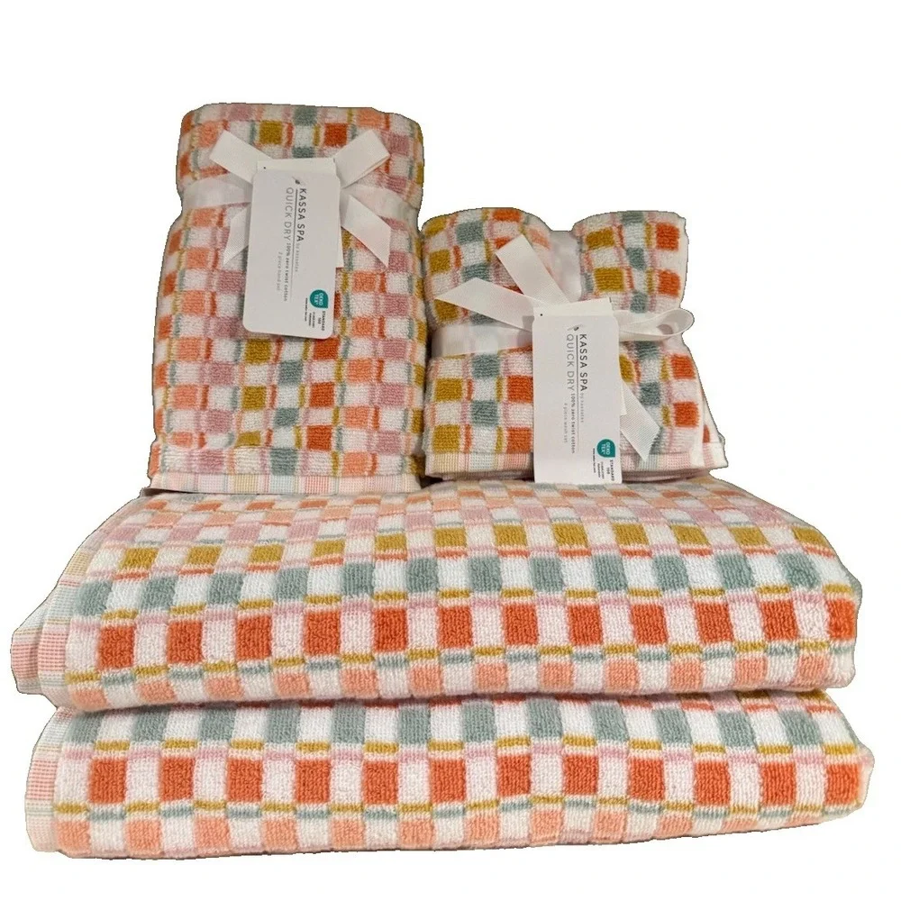 Kassa Spa Checked Bathroom Towel Set - 100% Cotton 2Bath 2Hand 4Wash ~ NEW